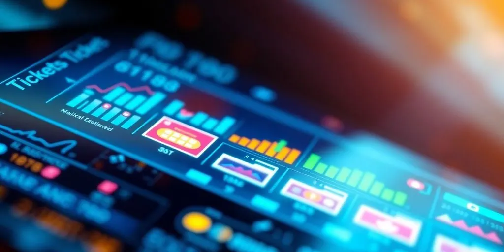 Futuristic digital interface with ticket icons and data visualizations.