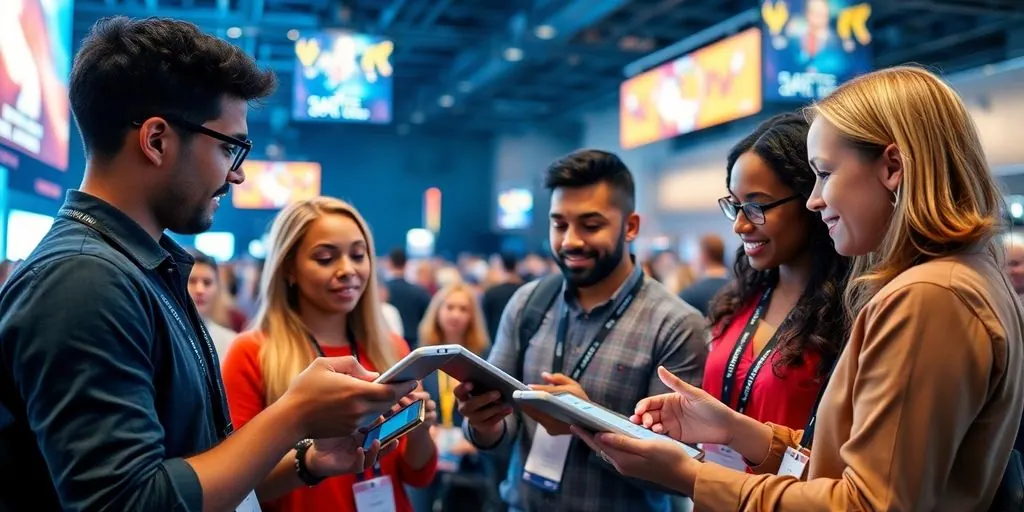 Event staff using technology to streamline ticket sales.