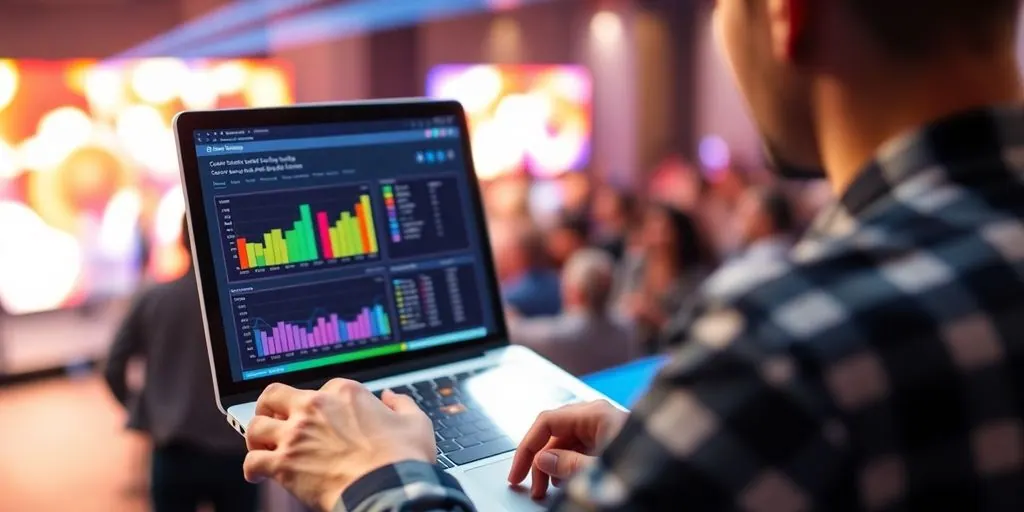 Digital marketing strategist analyzing ticket sales data on laptop.