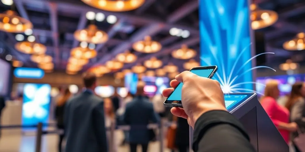 Hand holds smartphone, fast event payment, radiating digital lines.