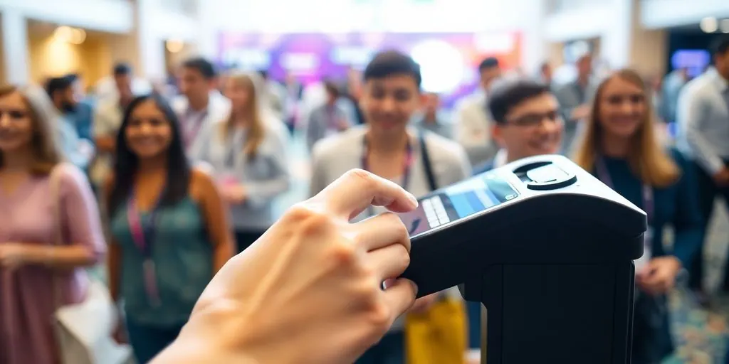 Hand tapping smartphone on payment terminal at a vibrant event.