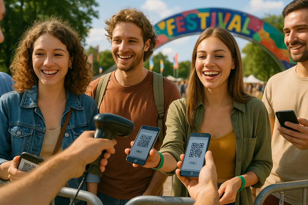 People scanning event tickets, vibrant colors.