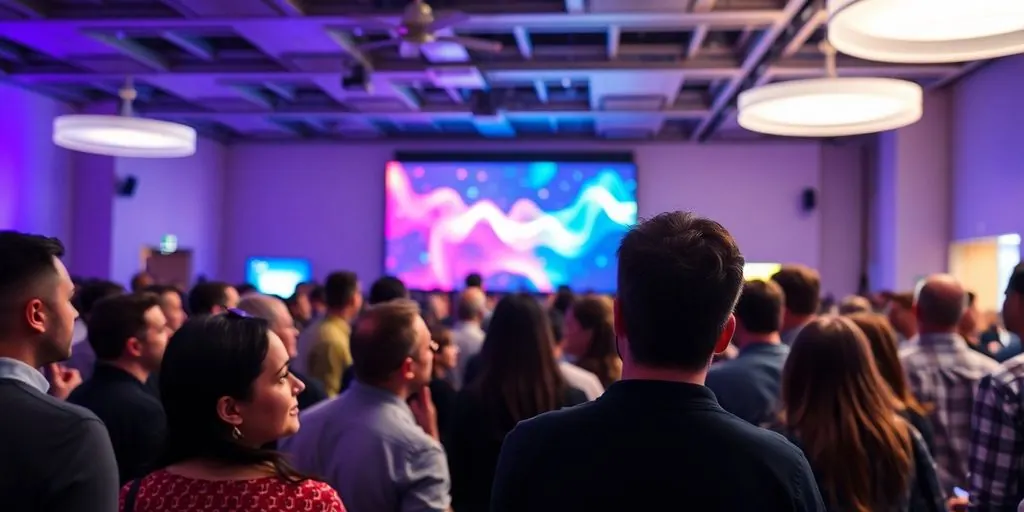 People smiling at an event, data visuals projected.