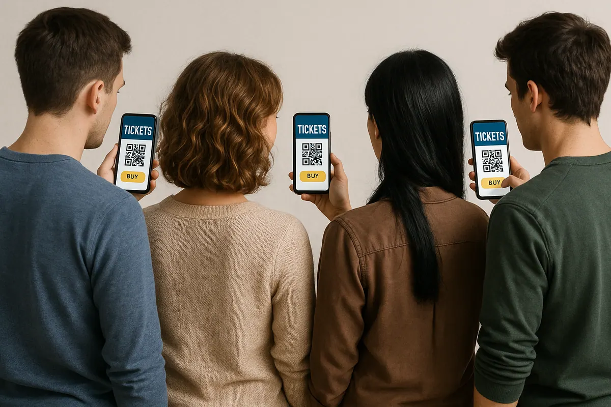 People buying tickets online with phone.