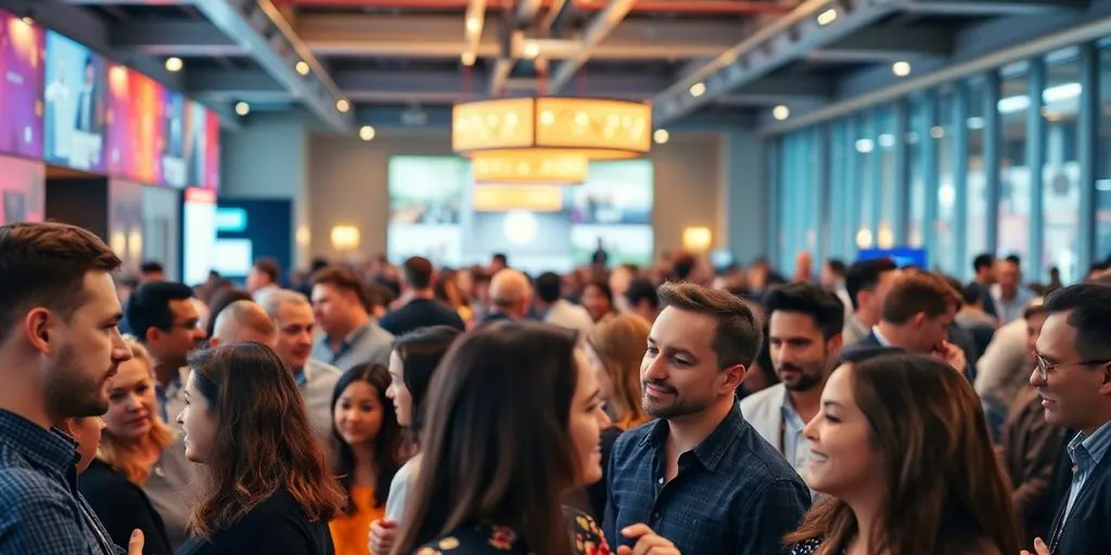 People networking at a successful, well-attended business event.