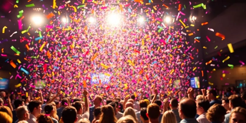 Colorful confetti bursts over a lively event.