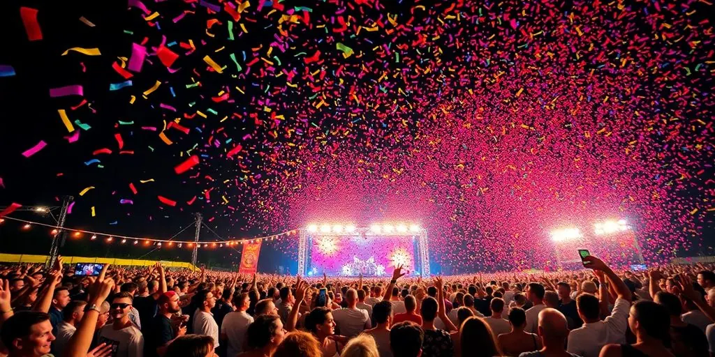 Colorful confetti bursts over a large, excited crowd.