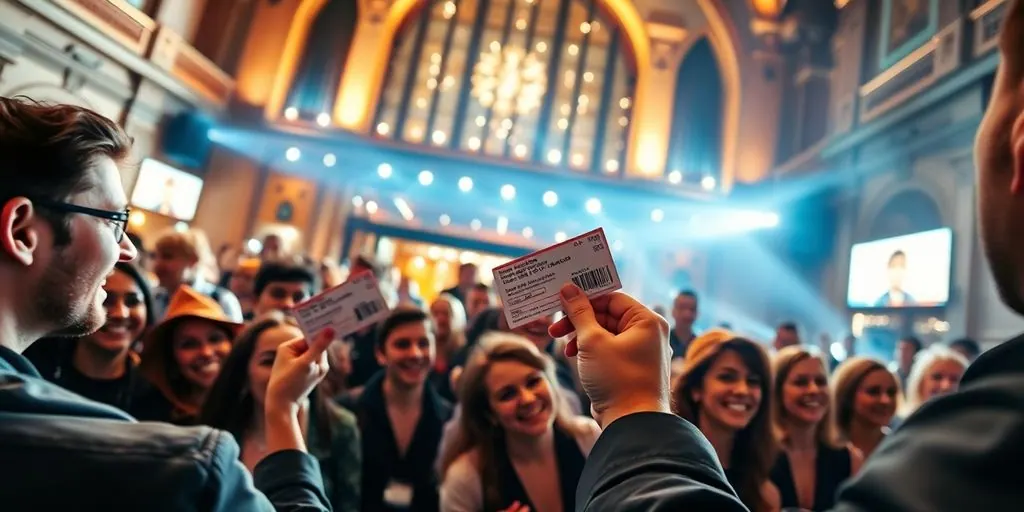 Concertgoers holding tickets at a venue entrance.