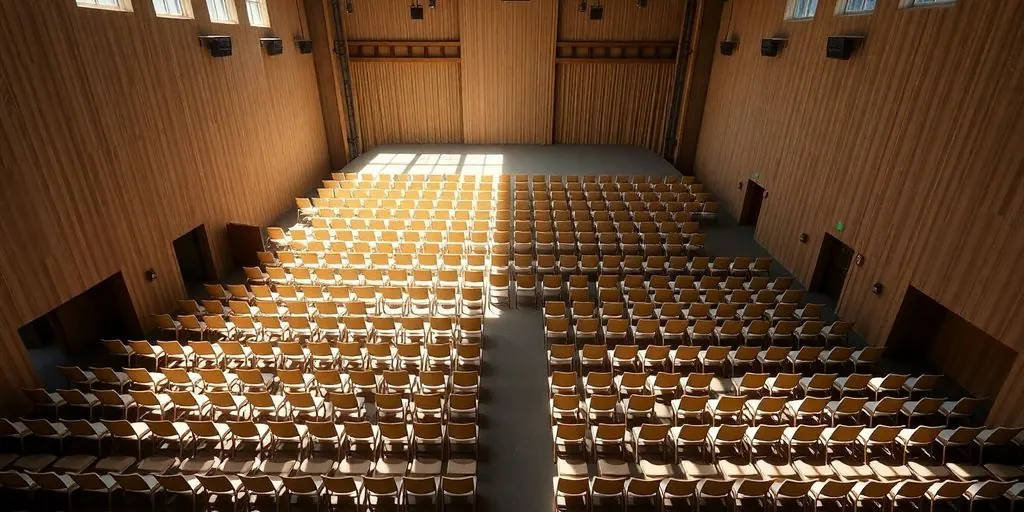 Empty event hall with rows of chairs.