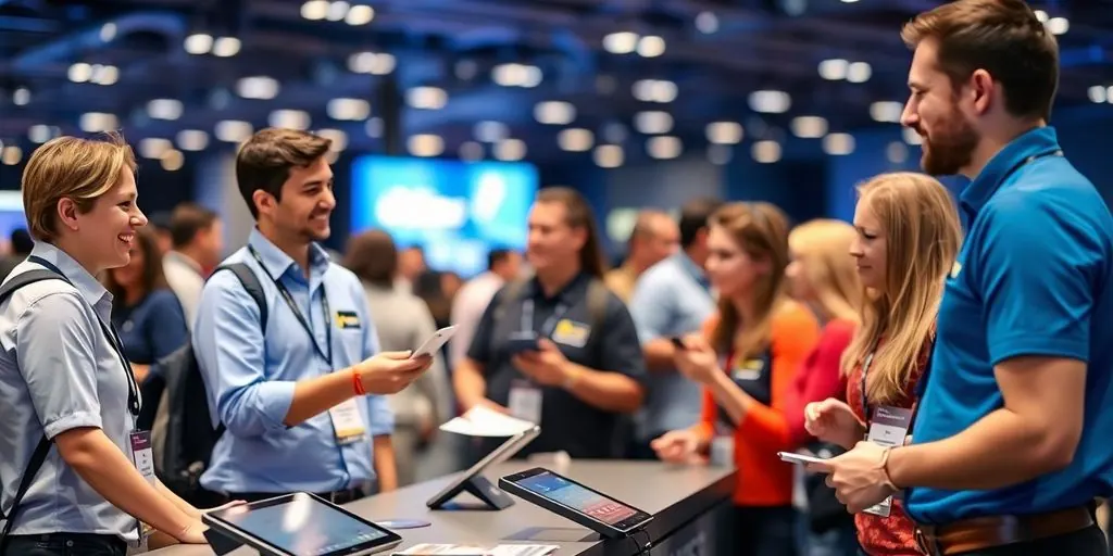 Event staff assisting attendees at help desk.