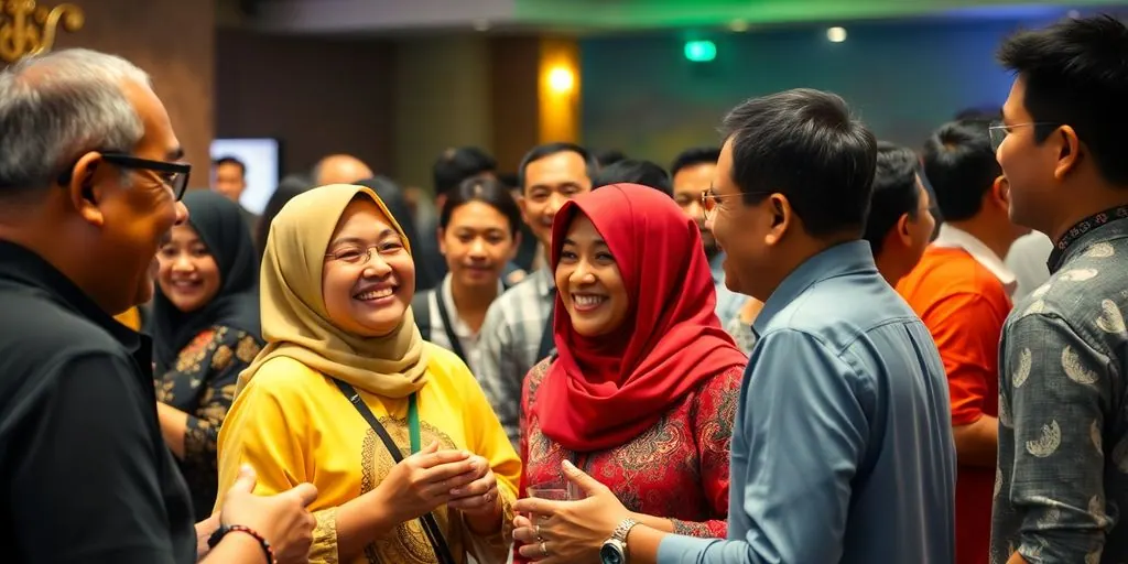 People connect at a vibrant Indonesian event.