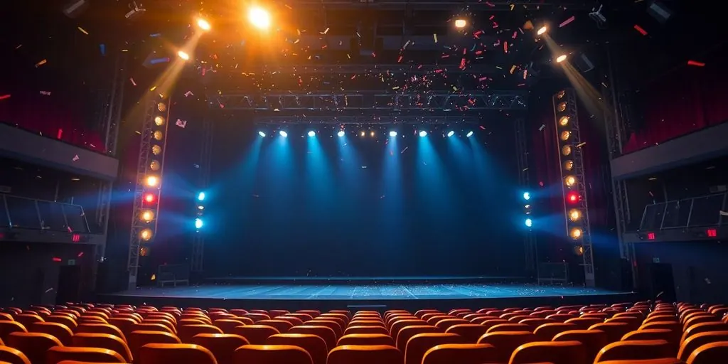 Brightly lit stage with spotlights, empty seats, and confetti falling.