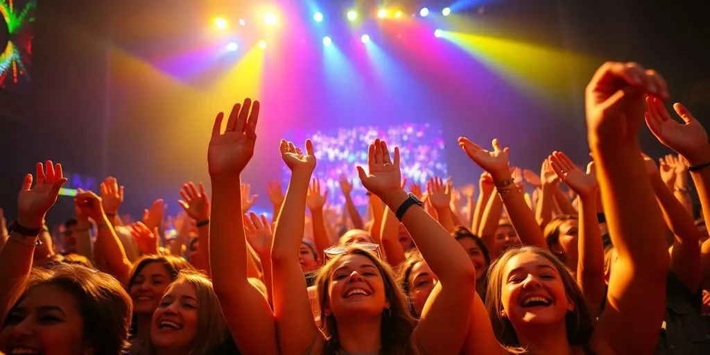 Crowd cheering, vibrant concert lights, sold-out event.