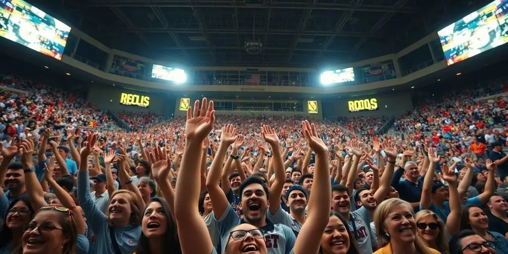 Crowd cheering inside a packed stadium