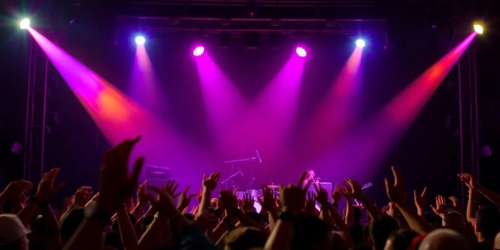 Concert stage with lights and crowd.