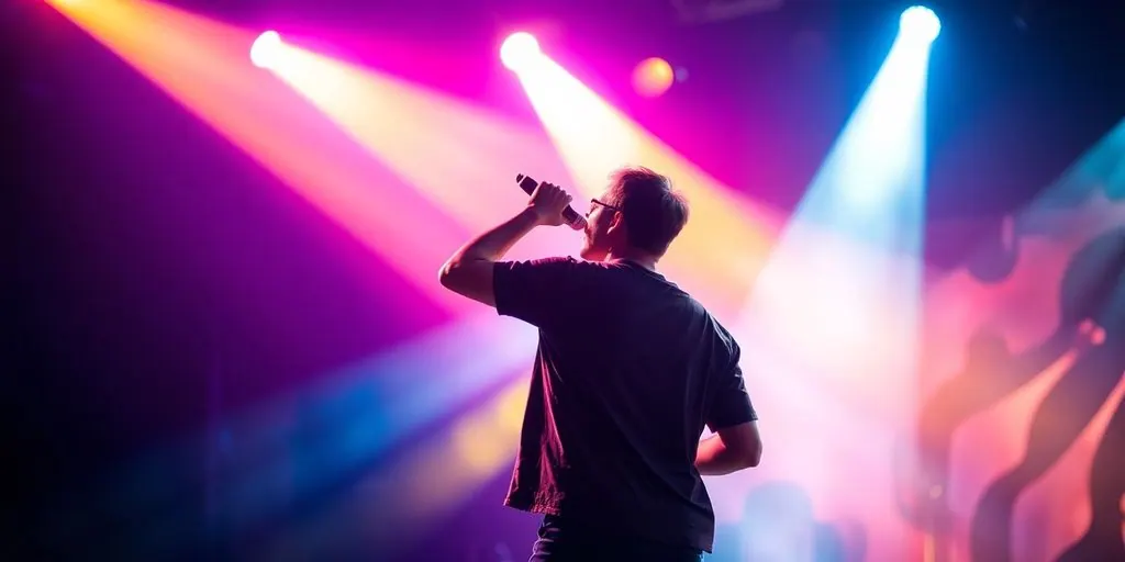 Musical artist on stage with bright lights.