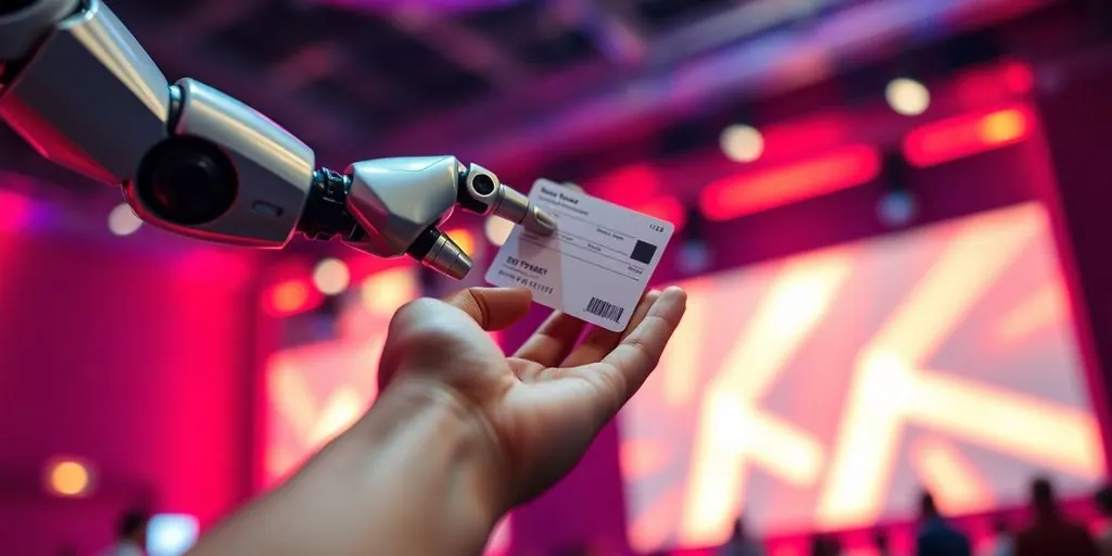 Robots assisting attendees at a vibrant, futuristic event.