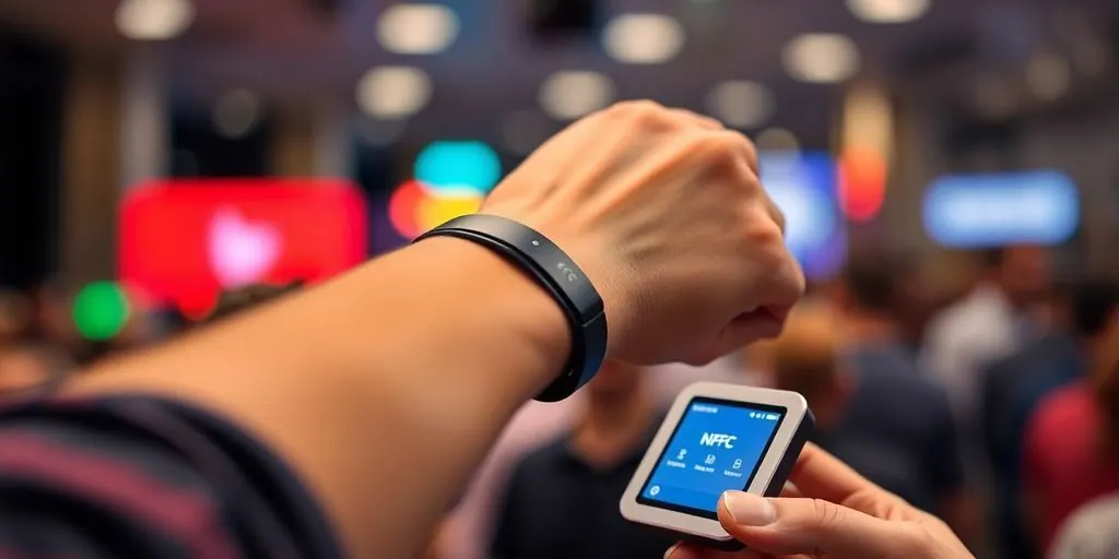 Attendee tapping NFC wristband at event entrance.