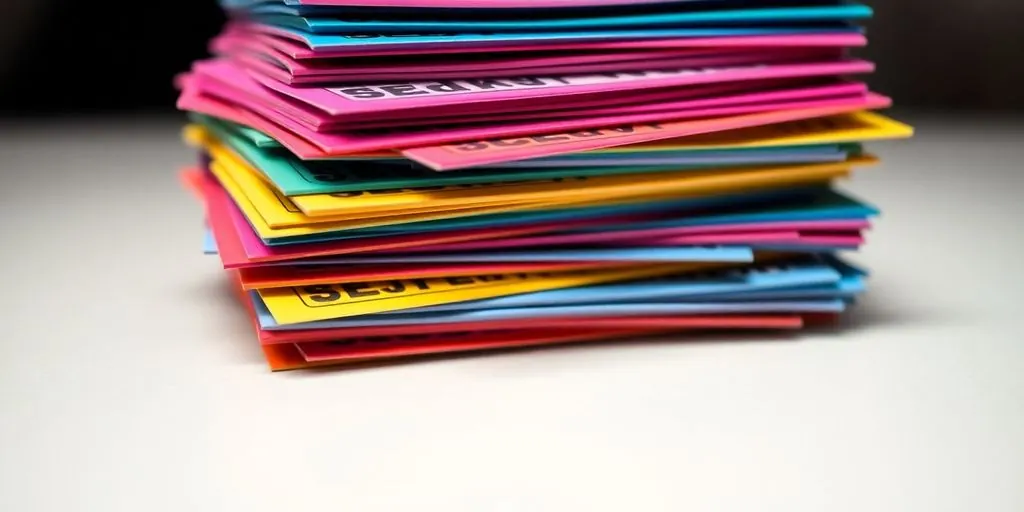Colorful stacked tickets, varying sizes, light background.