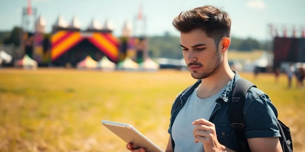 Organizer checking festival planning on tablet, bright daytime.