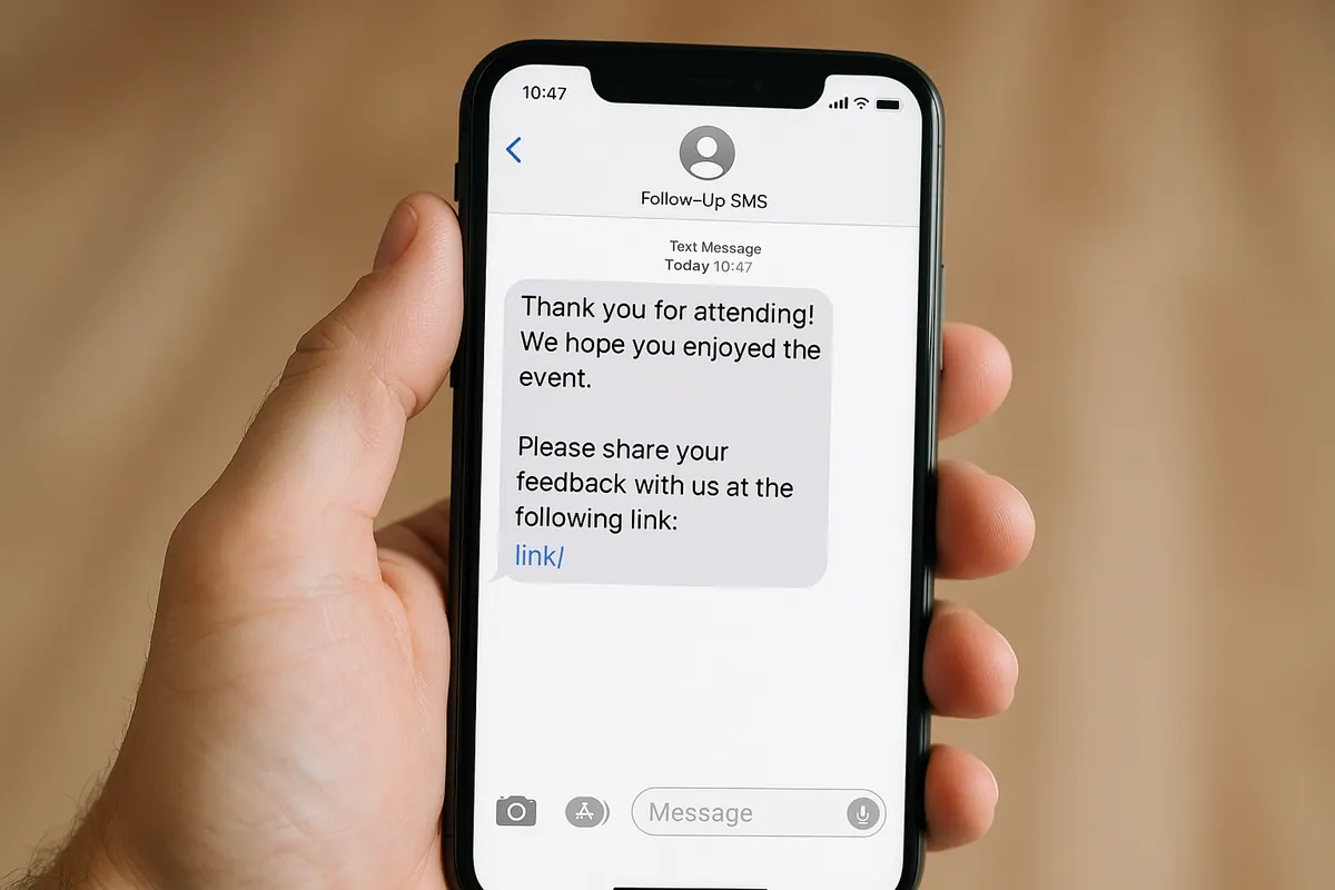 Natural looking hand holding a smartphone receiving an follow-up SMS after the event
