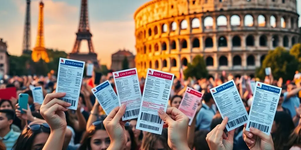 European landmarks, diverse crowd, concert tickets