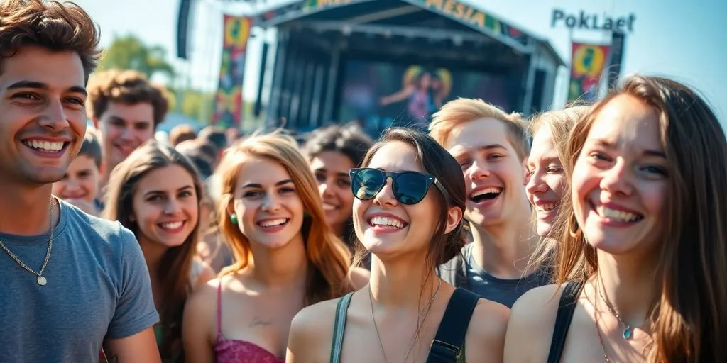 Diverse group of young adults attending an outdoor concert.