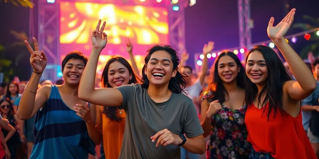 Gen Z festival-goers dancing, vibrant lights