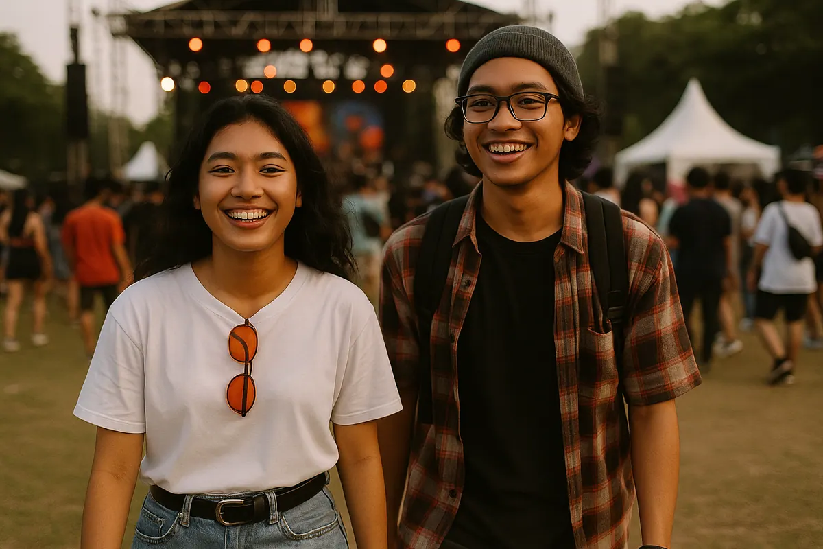 Couple of Indonesian people going to a music festival. They look natural and generation-Z representatives