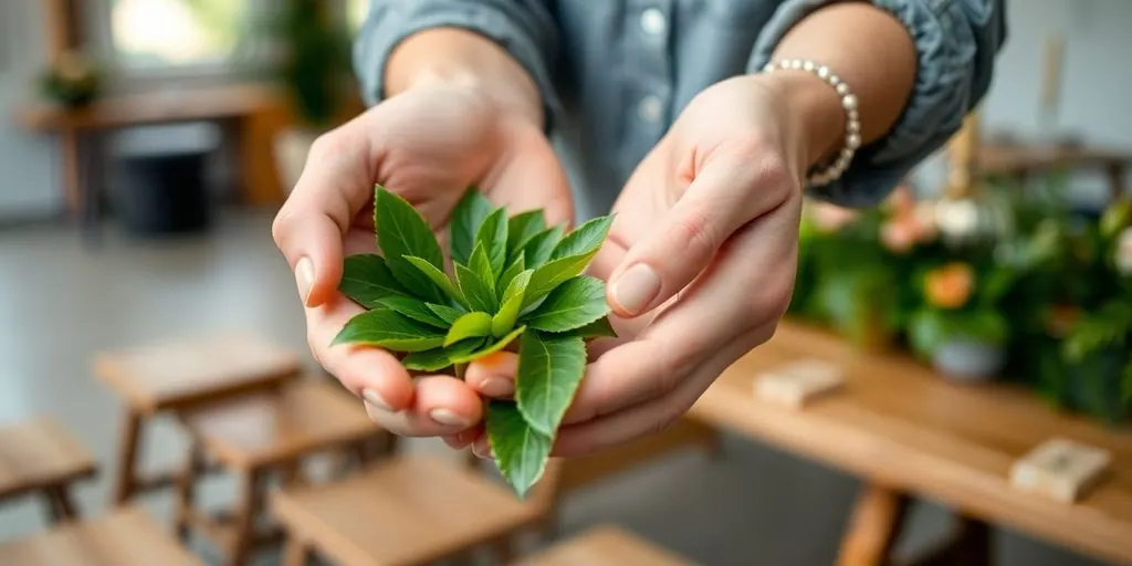 Green leaves, event planner's hands, sustainable event focus.