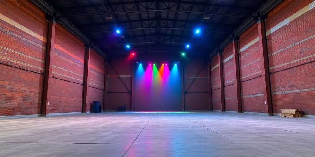 Empty warehouse with colorful lights