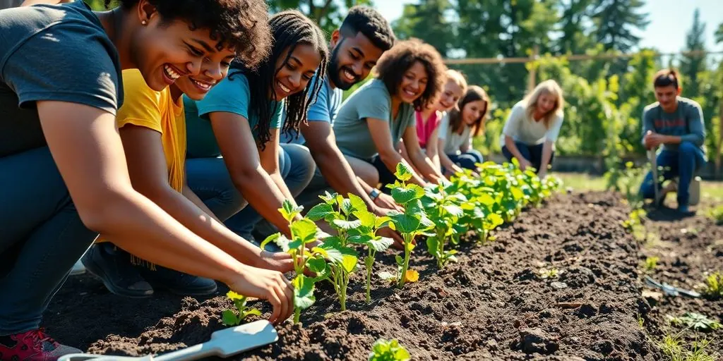 Diverse group collaborating in a garden.