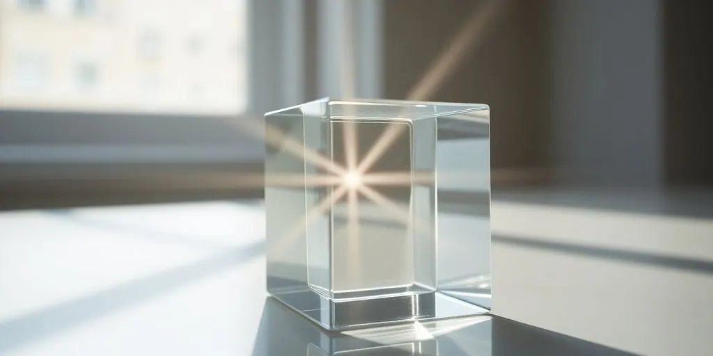 Clear glass cube with light rays.