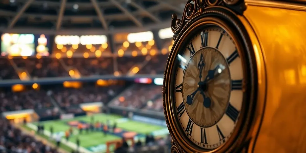 Clock with money and stadium in background.