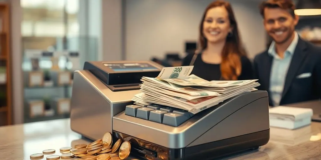 Cash register, flowing money, happy business owners.