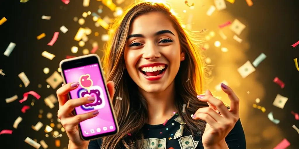 Influencer, phone, confetti, money, bright.