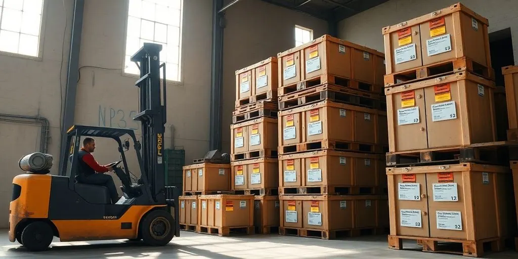 Forklift moving event equipment containers.