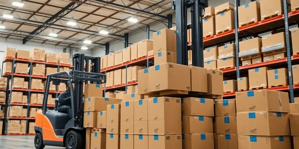 Forklift moving boxes in warehouse.
