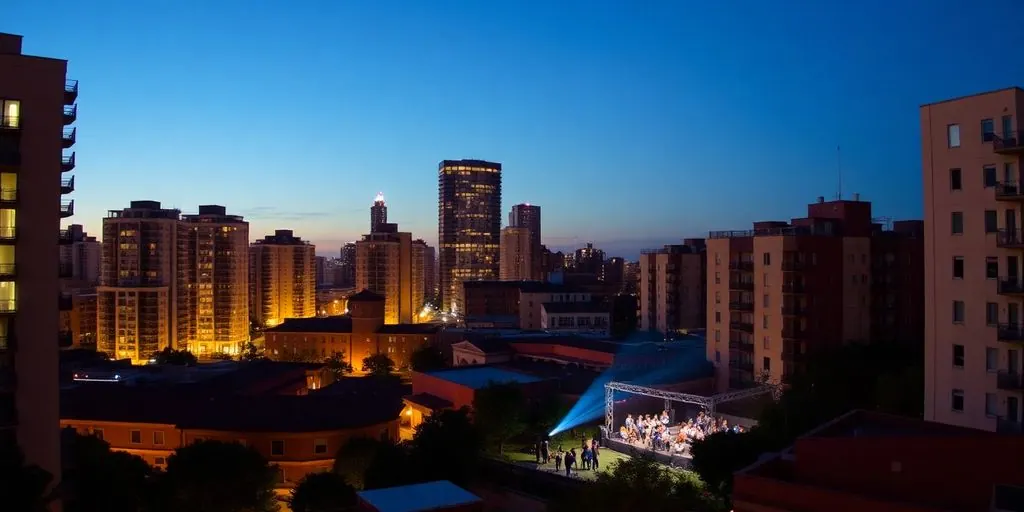 City skyline, sound waves, compliant event.