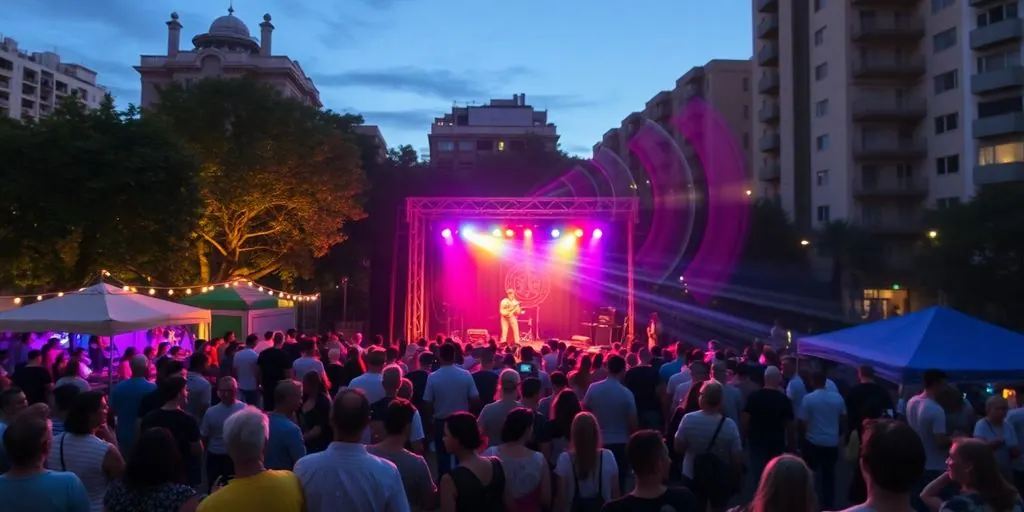 City skyline, sound waves, diverse crowd, event.