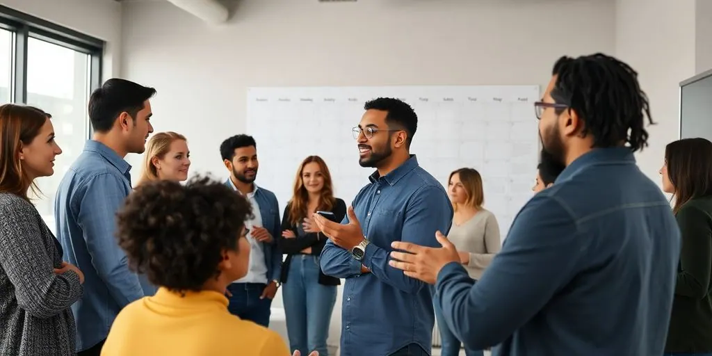 Diverse group of people in discussion, calendar in background.