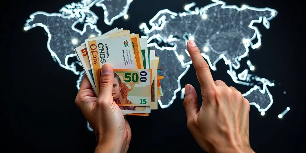 Two hands, multiple currencies, world map.