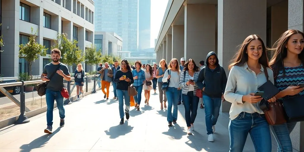 People walking, seamless journey, urban setting, digital navigation.