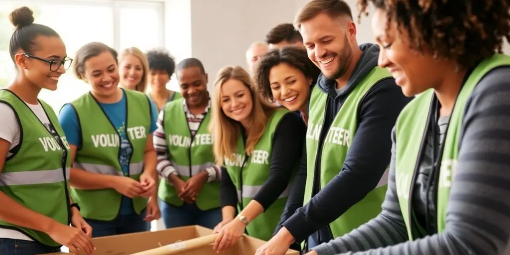 Diverse group of happy, committed volunteers working together.