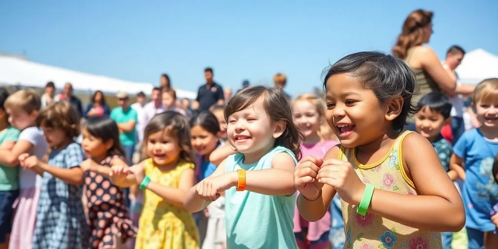 Children playing safely with colorful wristbands.