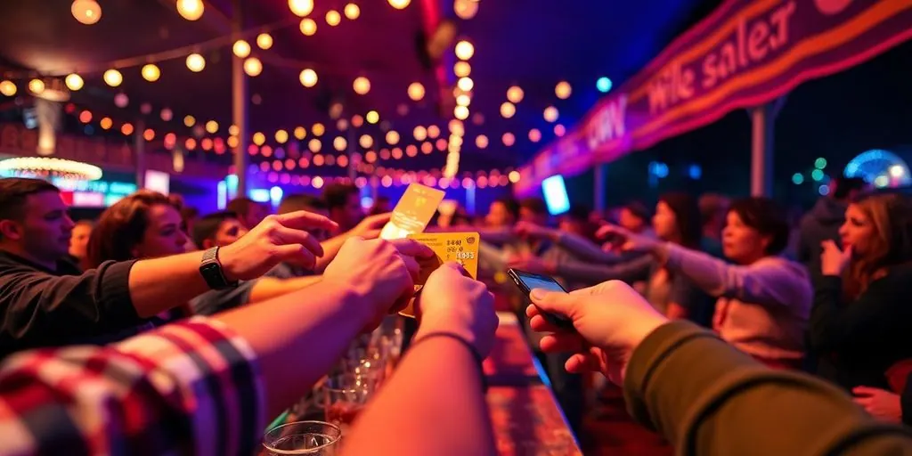 Attendees purchasing drinks using card at busy outdoor bar.