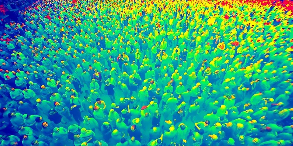 Thermal overlay on crowd, showing warm and cool areas.
