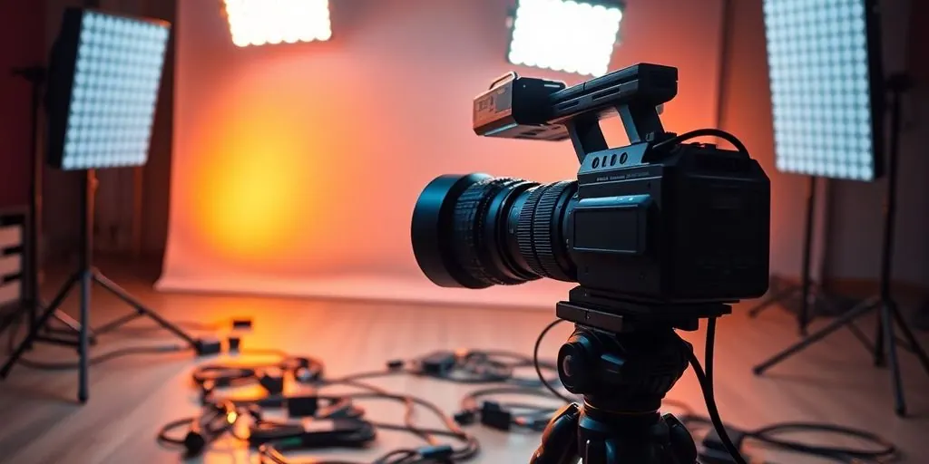 Camera, lights, and cables for livestream.