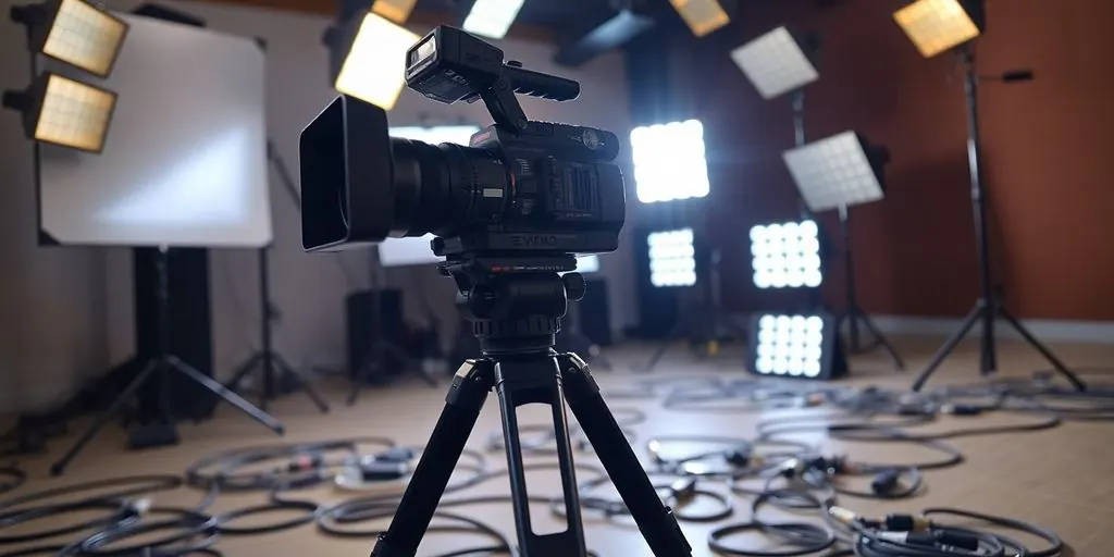 Camera, lights, and cables during a livestream.