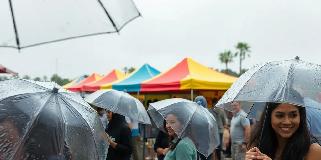 Outdoor event with patrons holding umbrellas.
